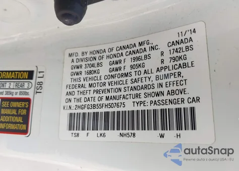 2015 Honda Civic Lx z USA, uszkodzony, nr VIN 2HGFG3B55FH507675